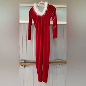 Red Santa Jumpsuit Dance Costume Unitard with White Fur Trim
